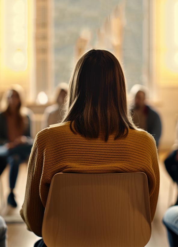 Woman sitting in Group Therapy with her back to the camera and faces blurred